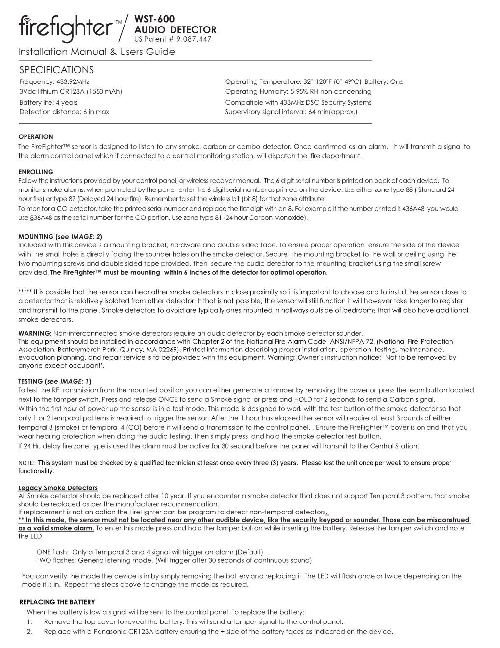 WST-600 AUDIO DETECTOR Installation Manual & Users Guide SPECIFICATIONS