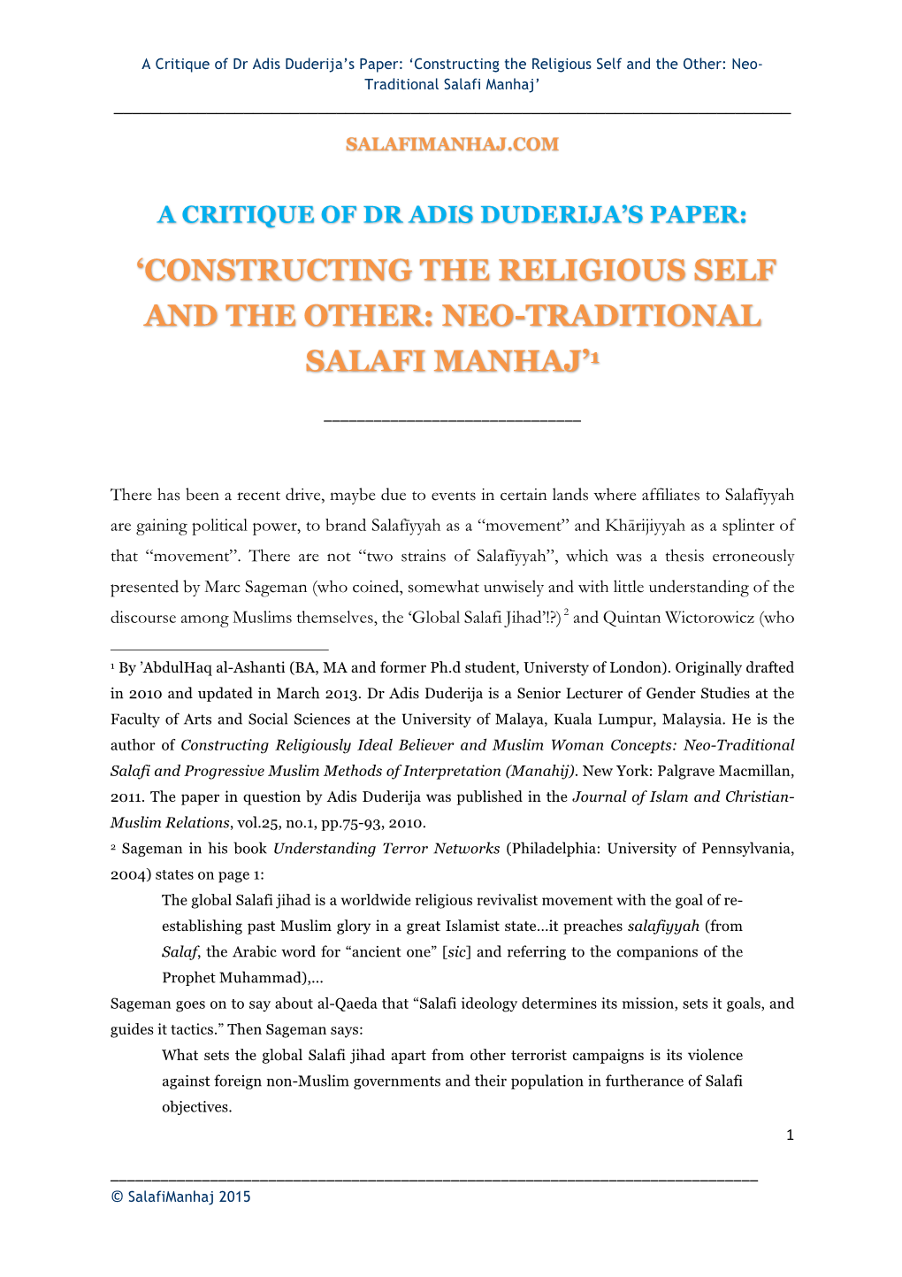 'Constructing the Religious Self and the Other: Neo-Traditional Salafi Manhaj'1