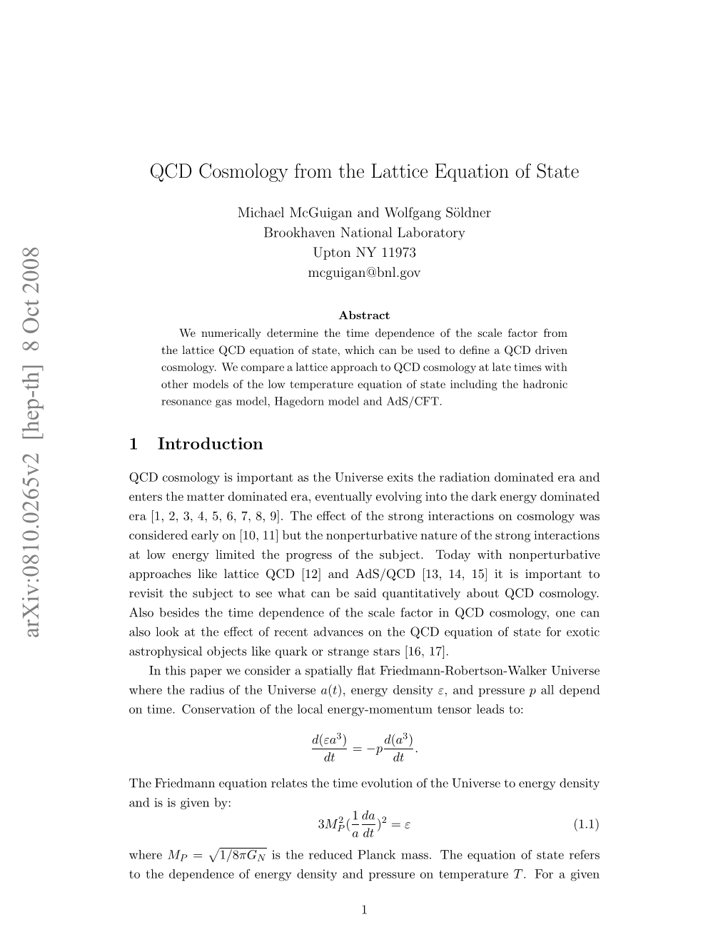 QCD Cosmology from the Lattice Equation of State