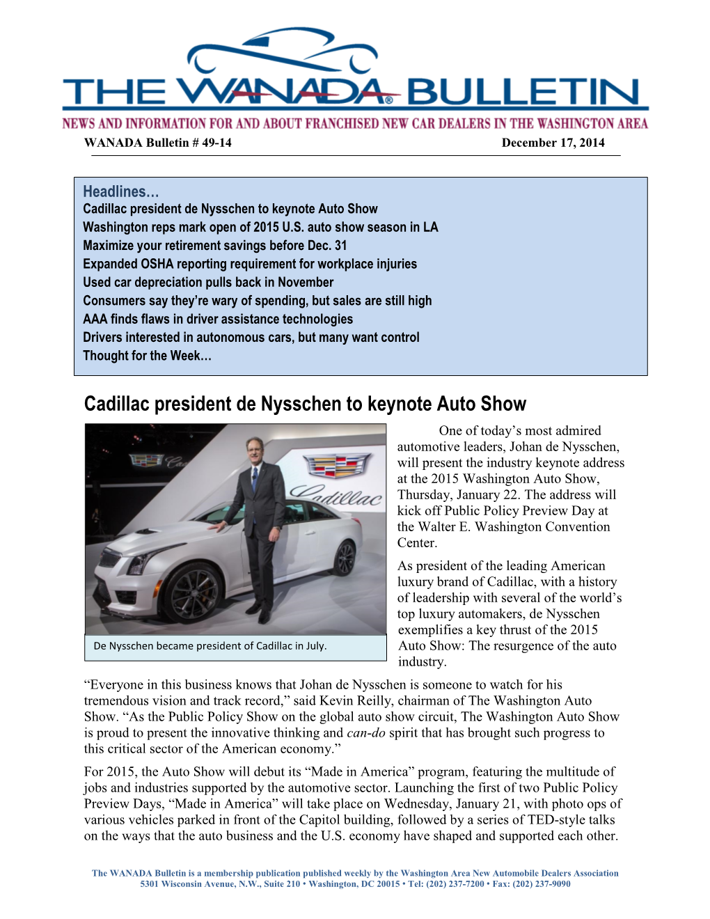 Cadillac President De Nysschen to Keynote Auto Show Washington Reps Mark Open of 2015 U.S