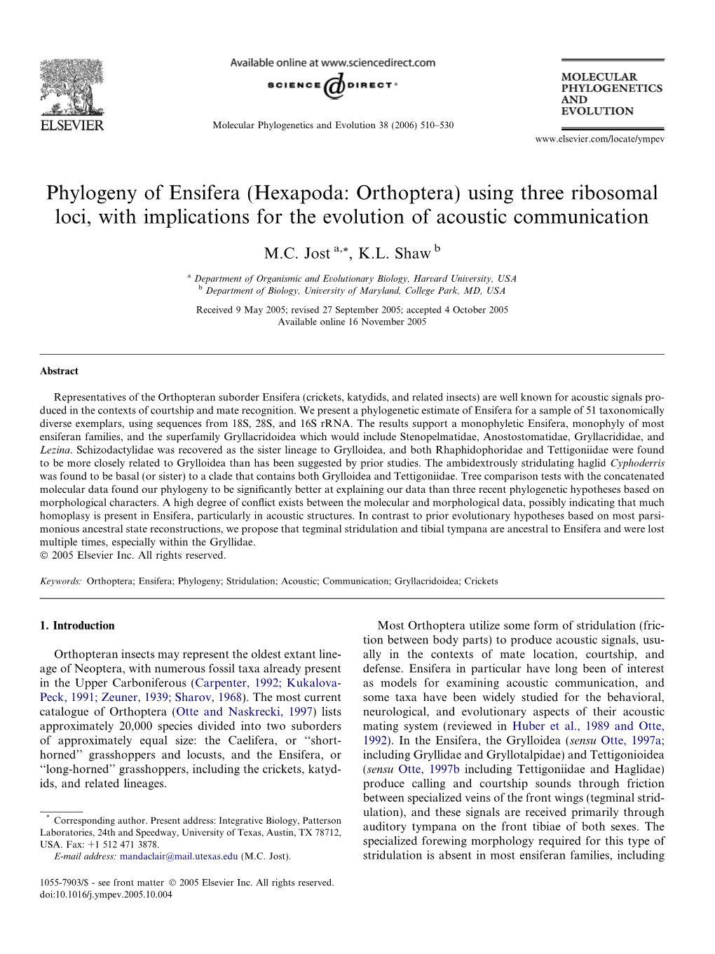 Phylogeny of Ensifera (Hexapoda: Orthoptera) Using Three Ribosomal Loci, with Implications for the Evolution of Acoustic Communication