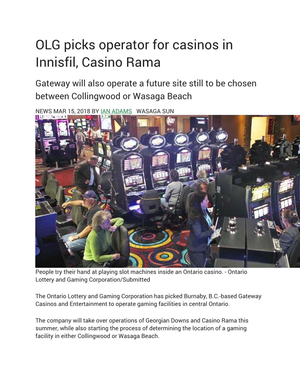 OLG Picks Operator for Casinos in Innisfil, Casino Rama