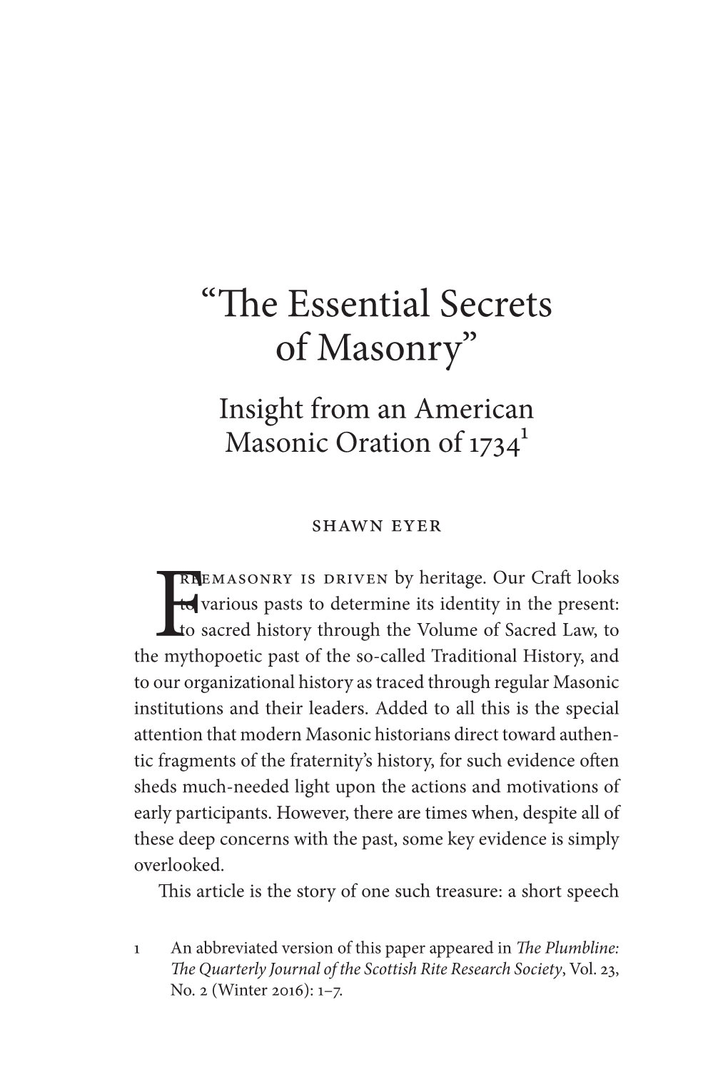 “The Essential Secrets of Masonry” Insight from an American Masonic Oration of 17341