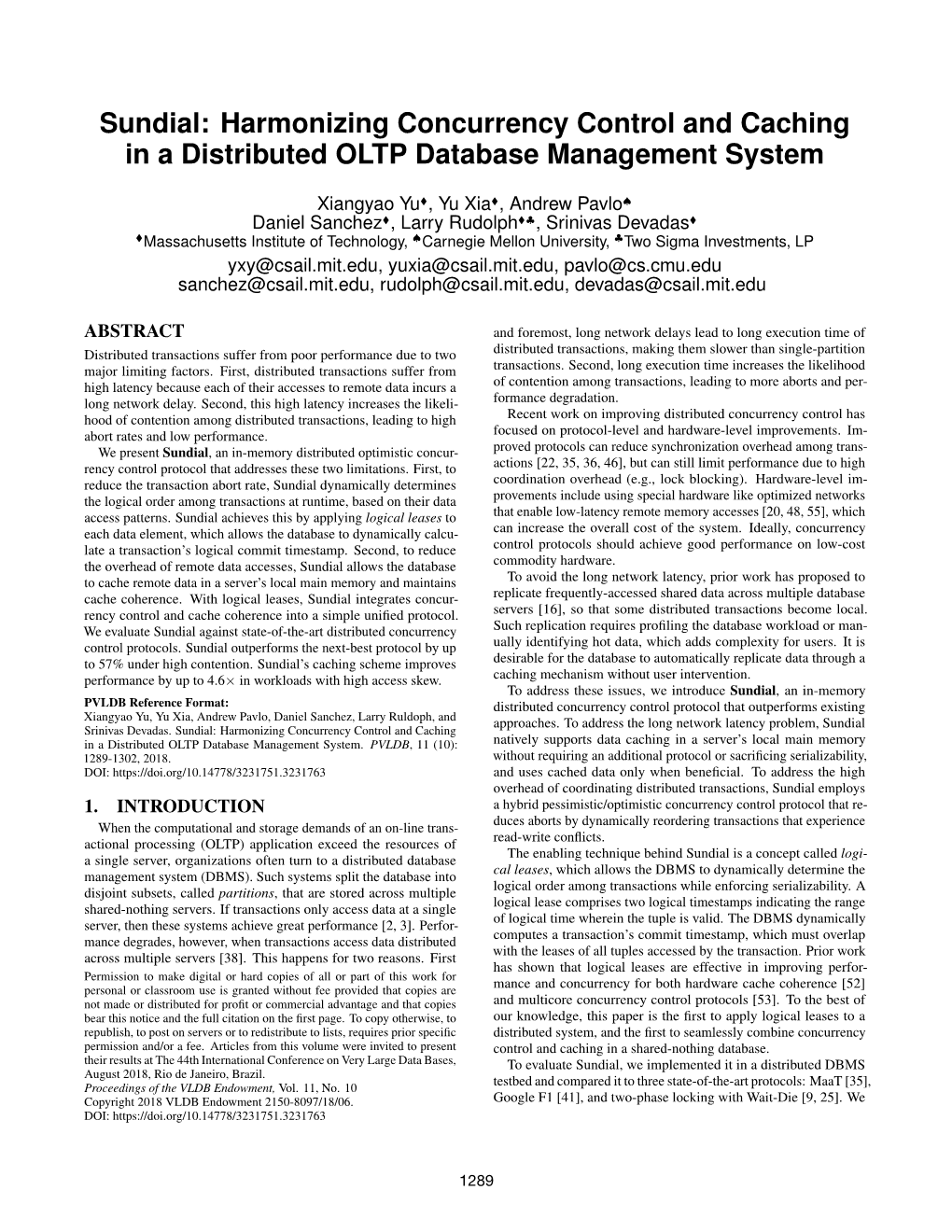 Sundial: Harmonizing Concurrency Control and Caching in a Distributed OLTP Database Management System