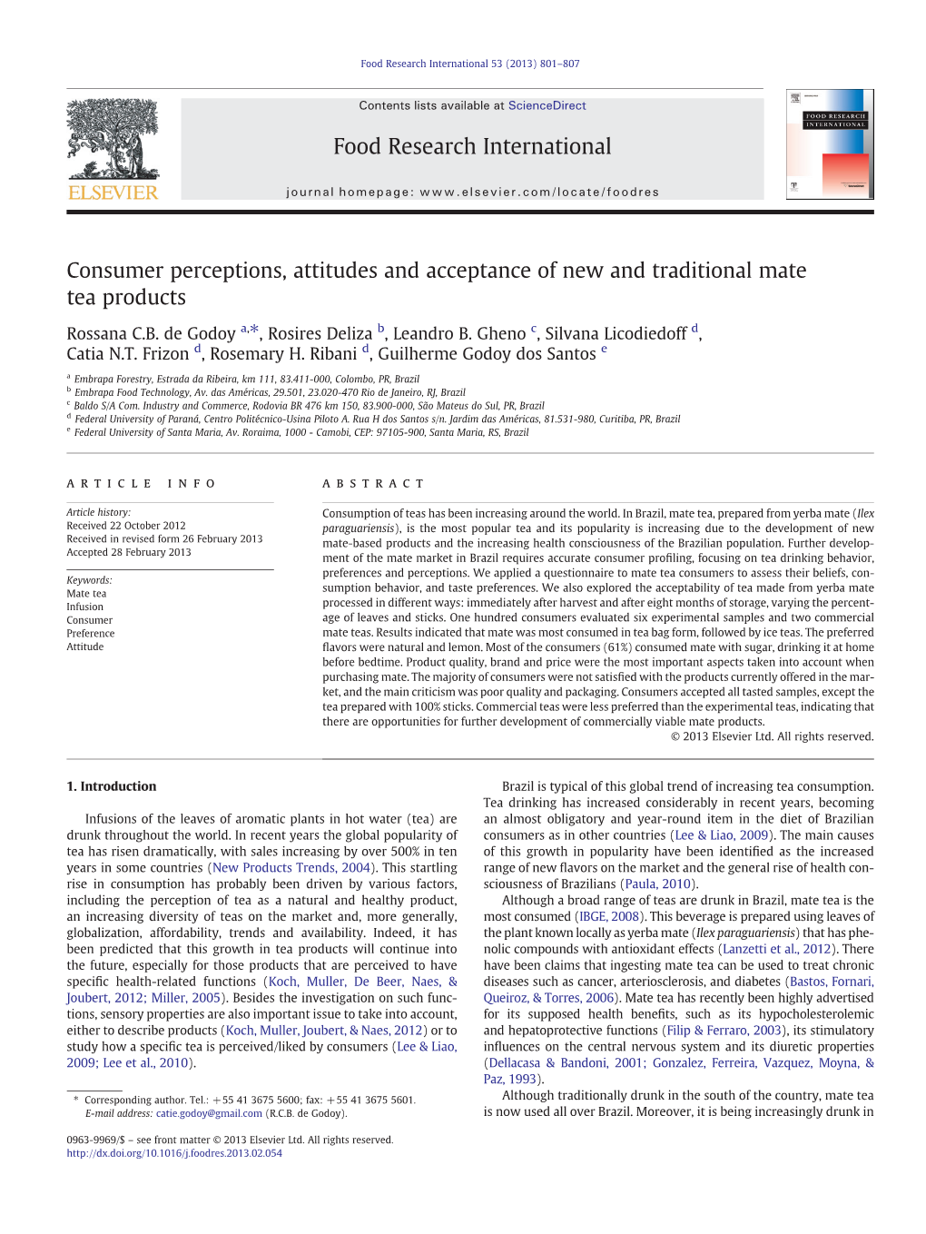 Consumer Perceptions, Attitudes and Acceptance of New and Traditional Mate Tea Products