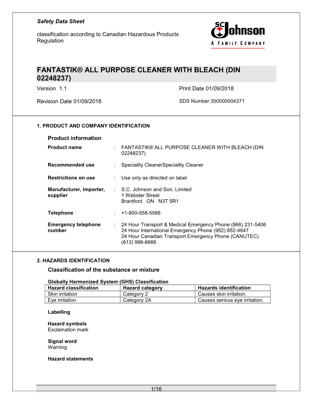 FANTASTIK® ALL PURPOSE CLEANER with BLEACH (DIN 02248237) Version 1.1 Print Date 01/09/2018