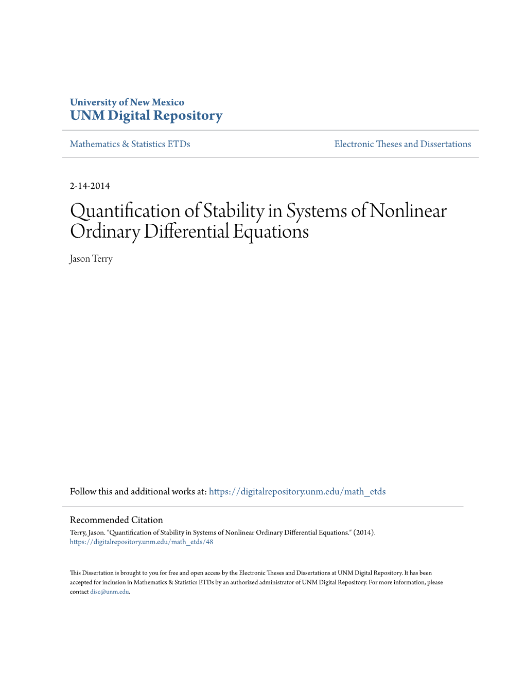 Quantification of Stability in Systems of Nonlinear Ordinary Differential Equations Jason Terry