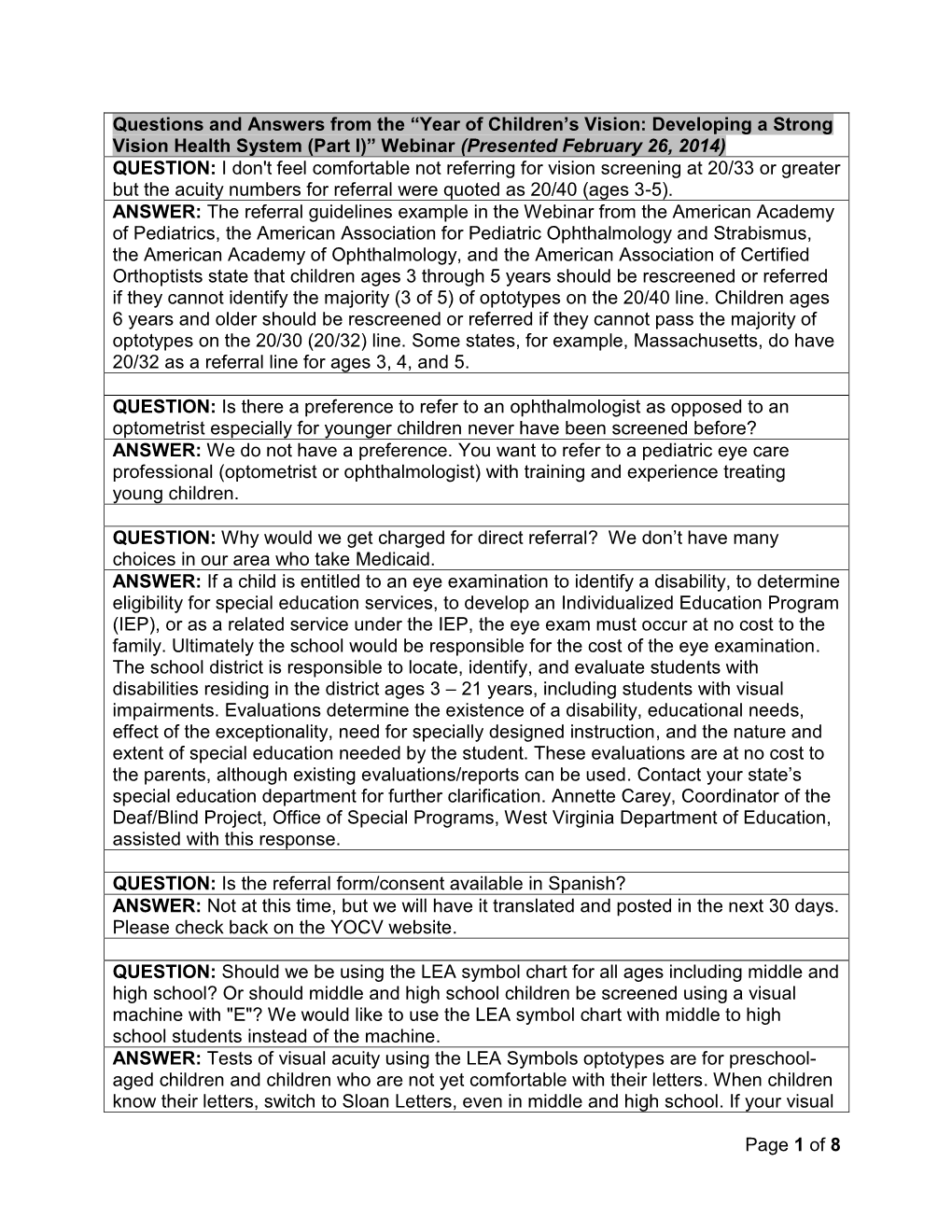 Page 1 of 8 Questions and Answers from the “Year of Children's Vision