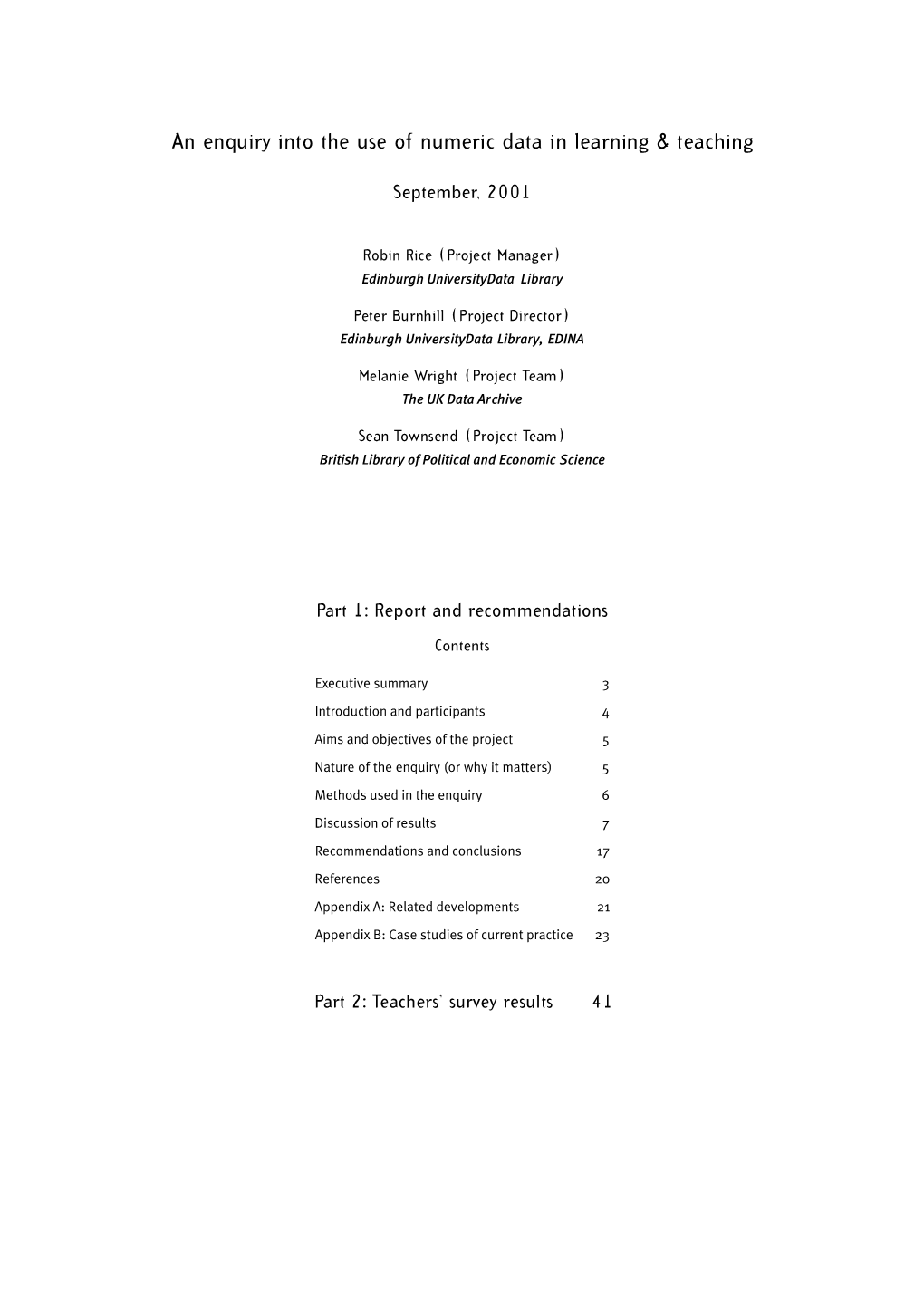 Using Numeric Datasets in Learning and Teaching Final Report, 2002