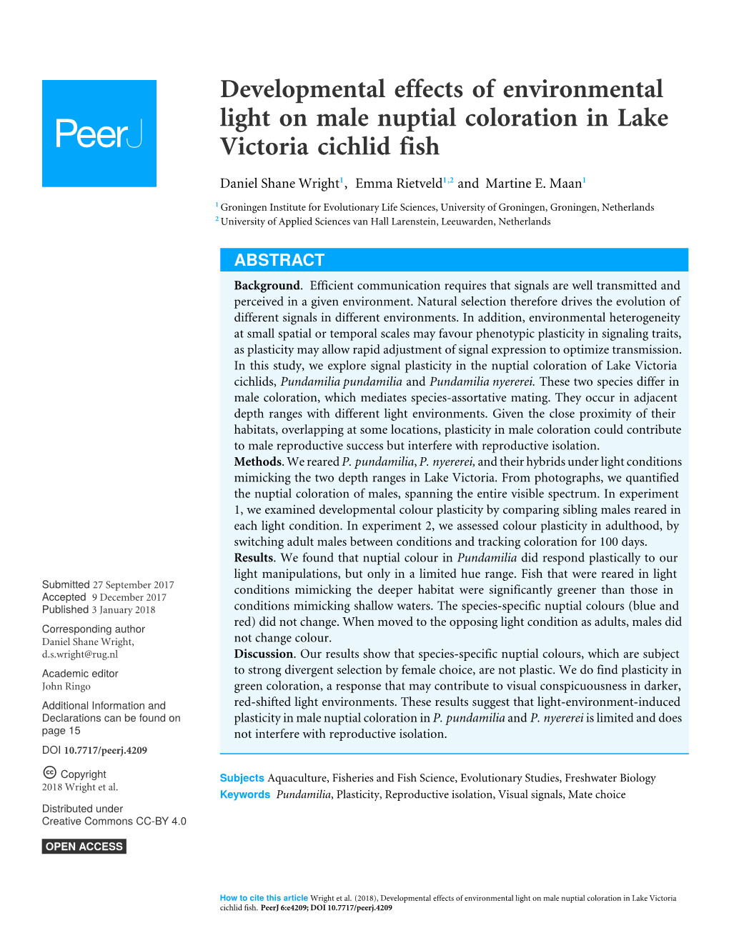 Developmental Effects of Environmental Light on Male Nuptial Coloration in Lake Victoria Cichlid Fish