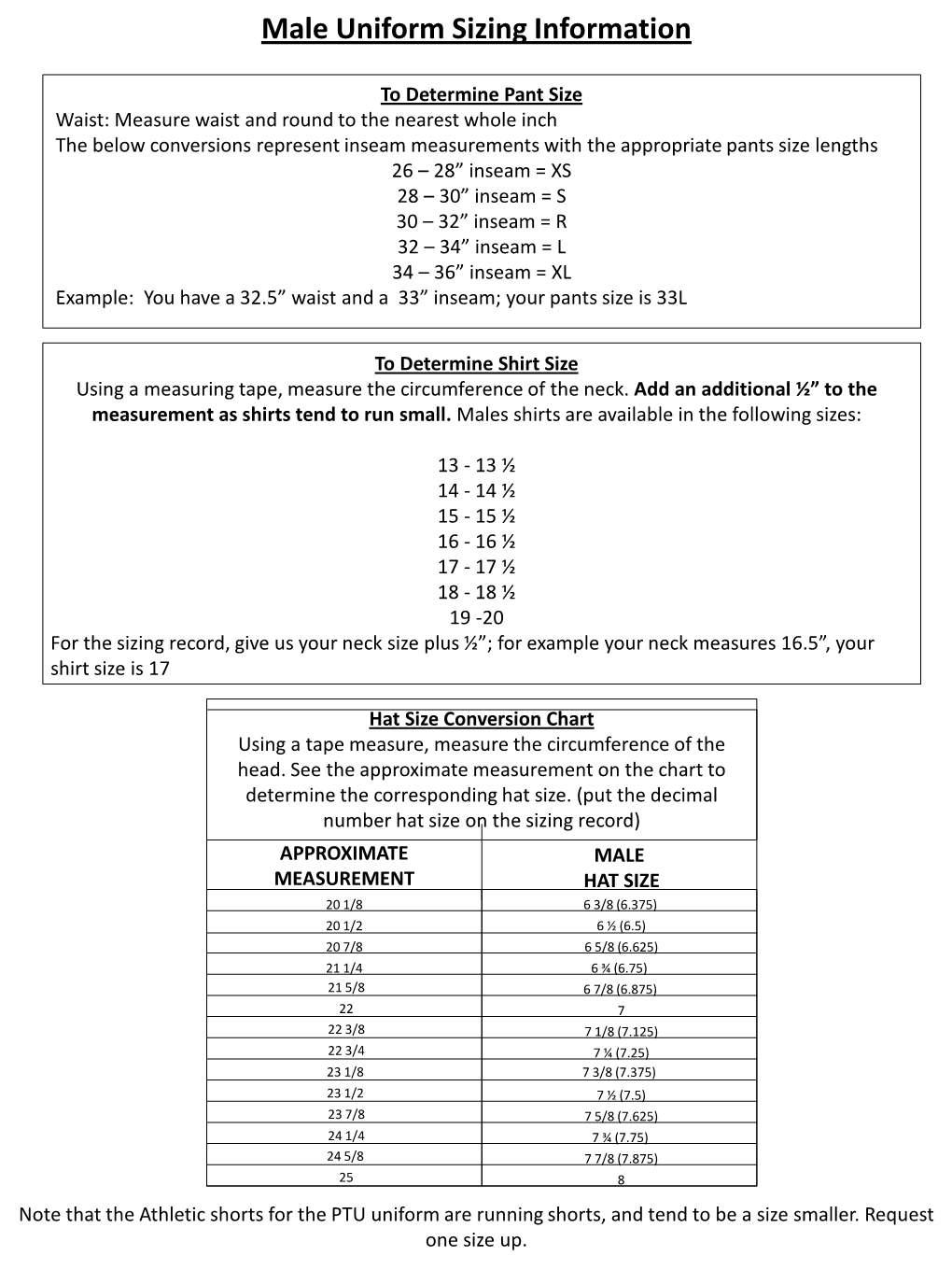 Male Uniform Sizing Information