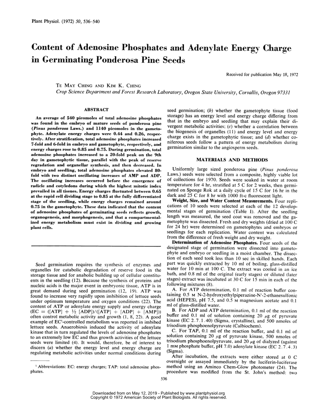 Content of Adenosine Phosphates and Adenylate Energy Charge in Germinating Ponderosa Pine Seeds