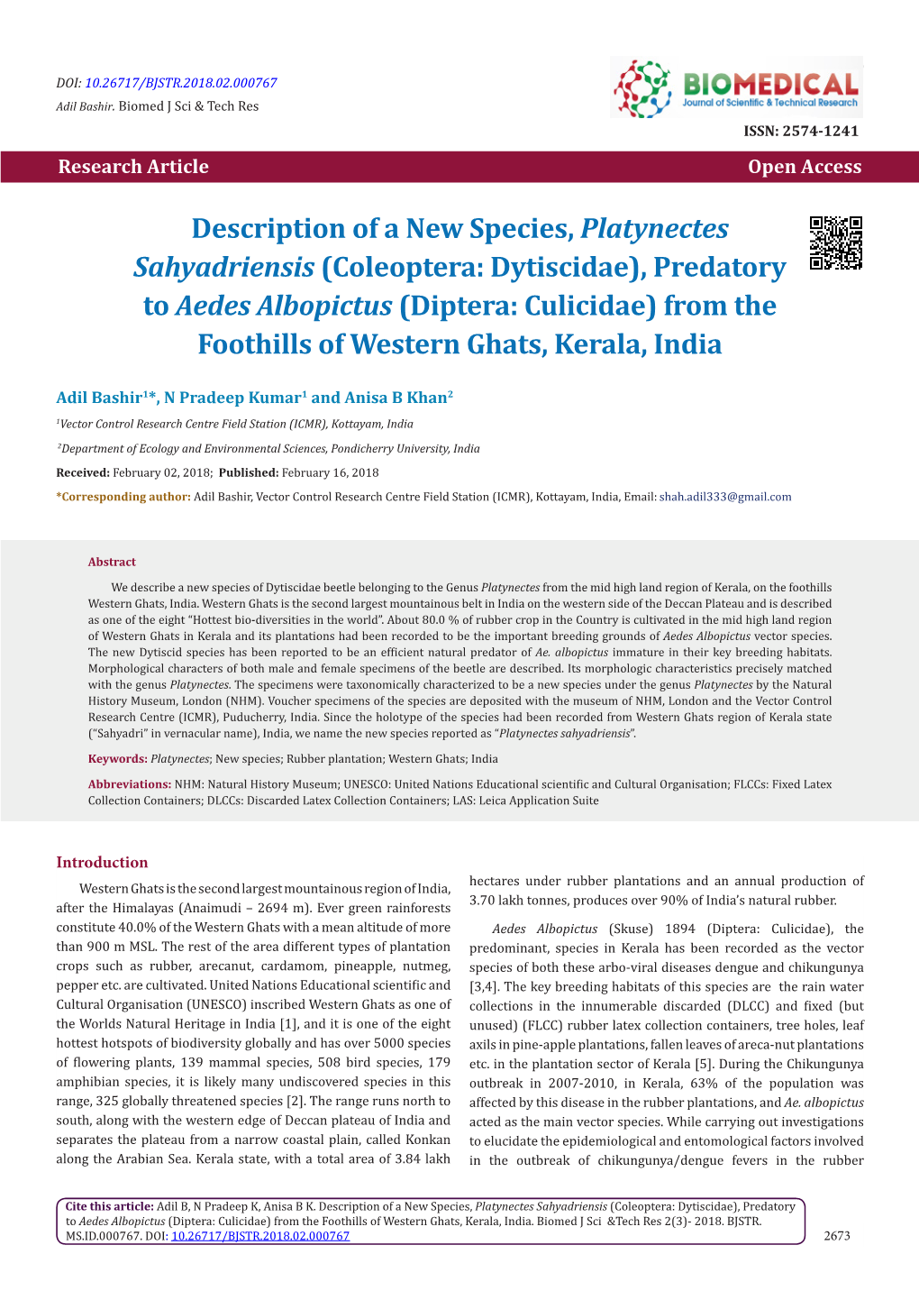 (Coleoptera: Dytiscidae), Predatory to Aedes Albopictus (Diptera: Culicidae) from the Foothills of Western Ghats, Kerala, India