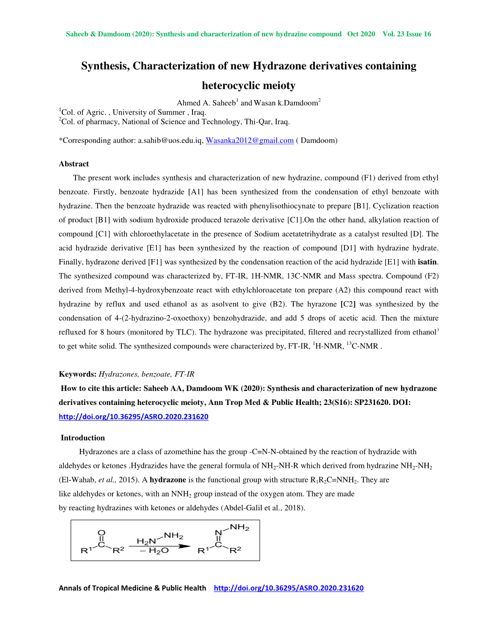 Synthesis, Characterization of New Hydrazone Derivatives Containing Heterocyclic Meioty Ahmed A