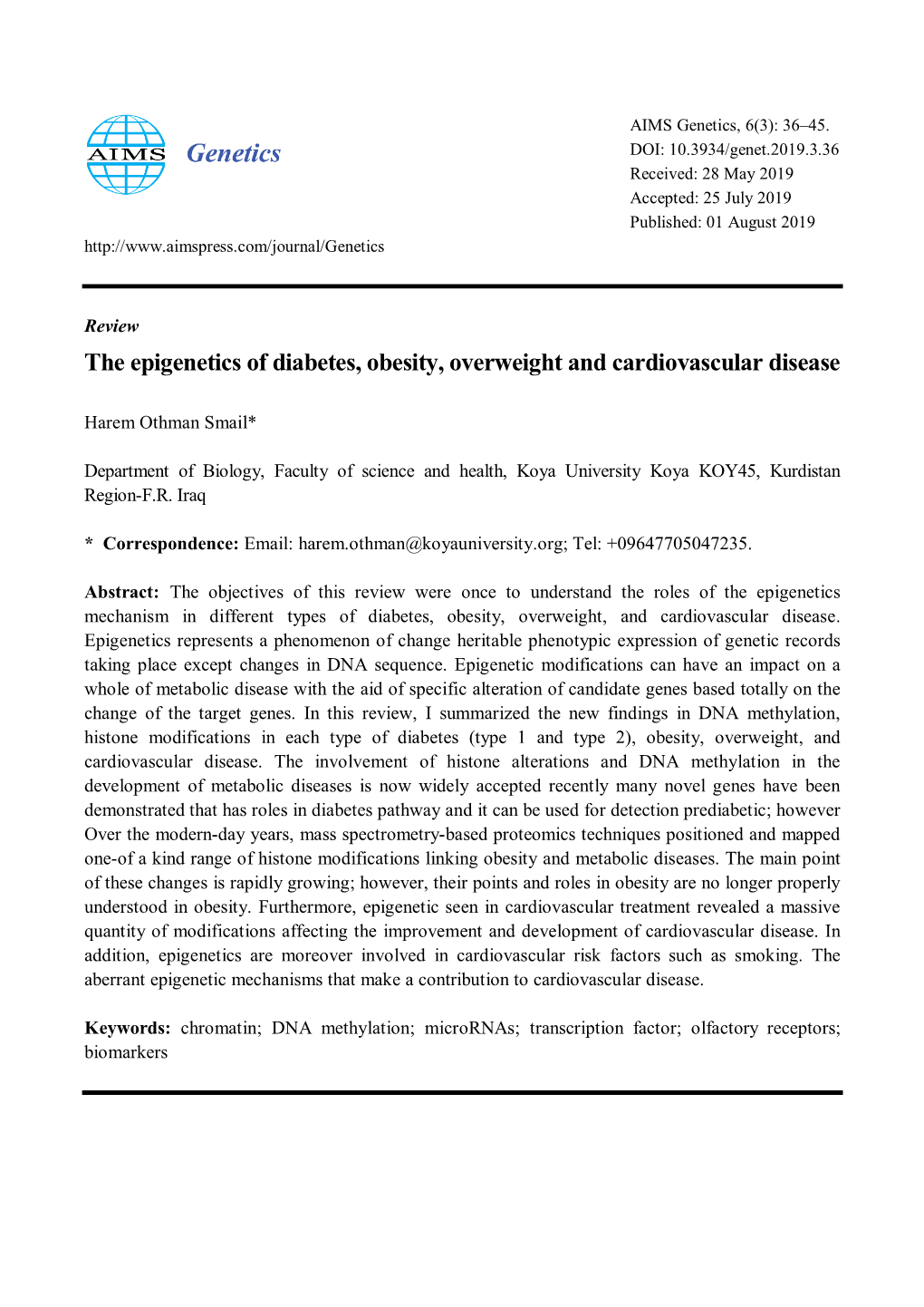 The Epigenetics of Diabetes, Obesity, Overweight and Cardiovascular Disease