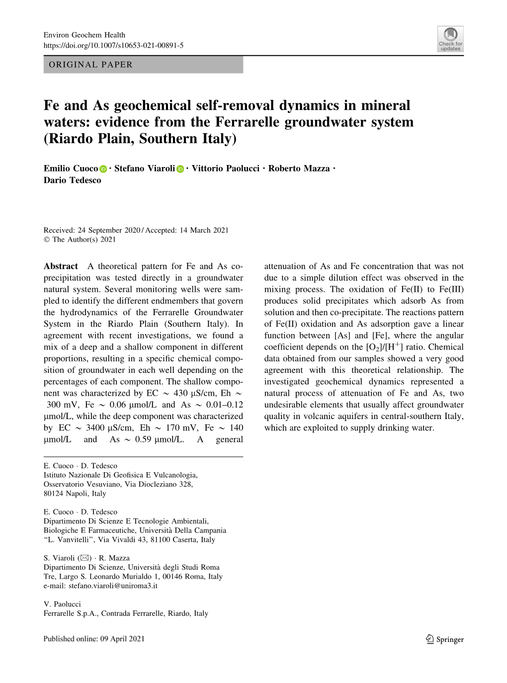 Fe and As Geochemical Self-Removal Dynamics in Mineral Waters: Evidence from the Ferrarelle Groundwater System (Riardo Plain, Southern Italy)