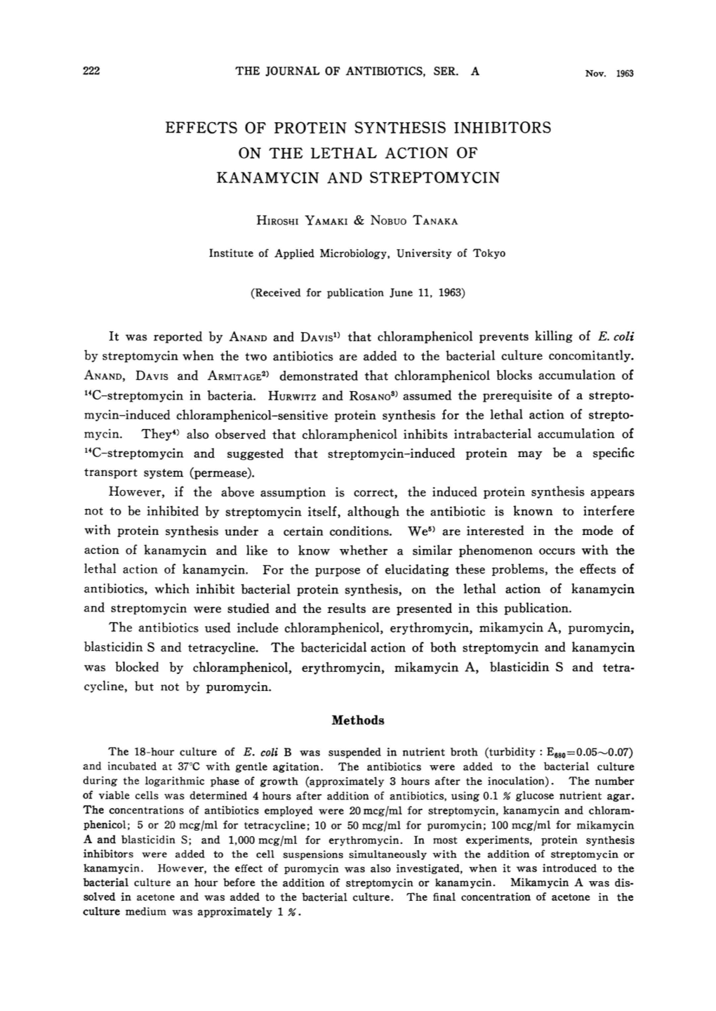 Effects of Protein Synthesis Inhibitors on the Lethal Action of Kanamycin and Streptomycin