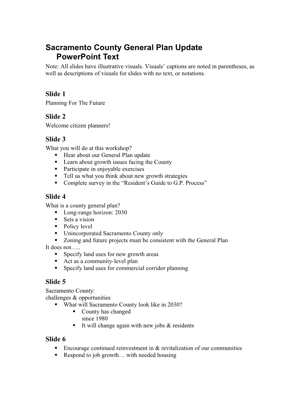 Sacramento County General Plan Update Powerpoint Text