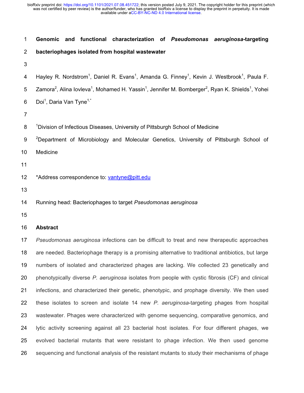 Genomic and Functional Characterization of Pseudomonas Aeruginosa-Targeting