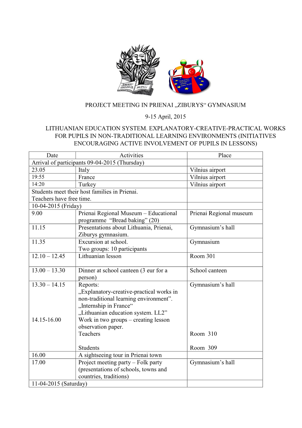 PROJECT MEETING in PRIENAI „ZIBURYS“ GYMNASIUM 9-15 April, 2015 LITHUANIAN EDUCATION SYSTEM