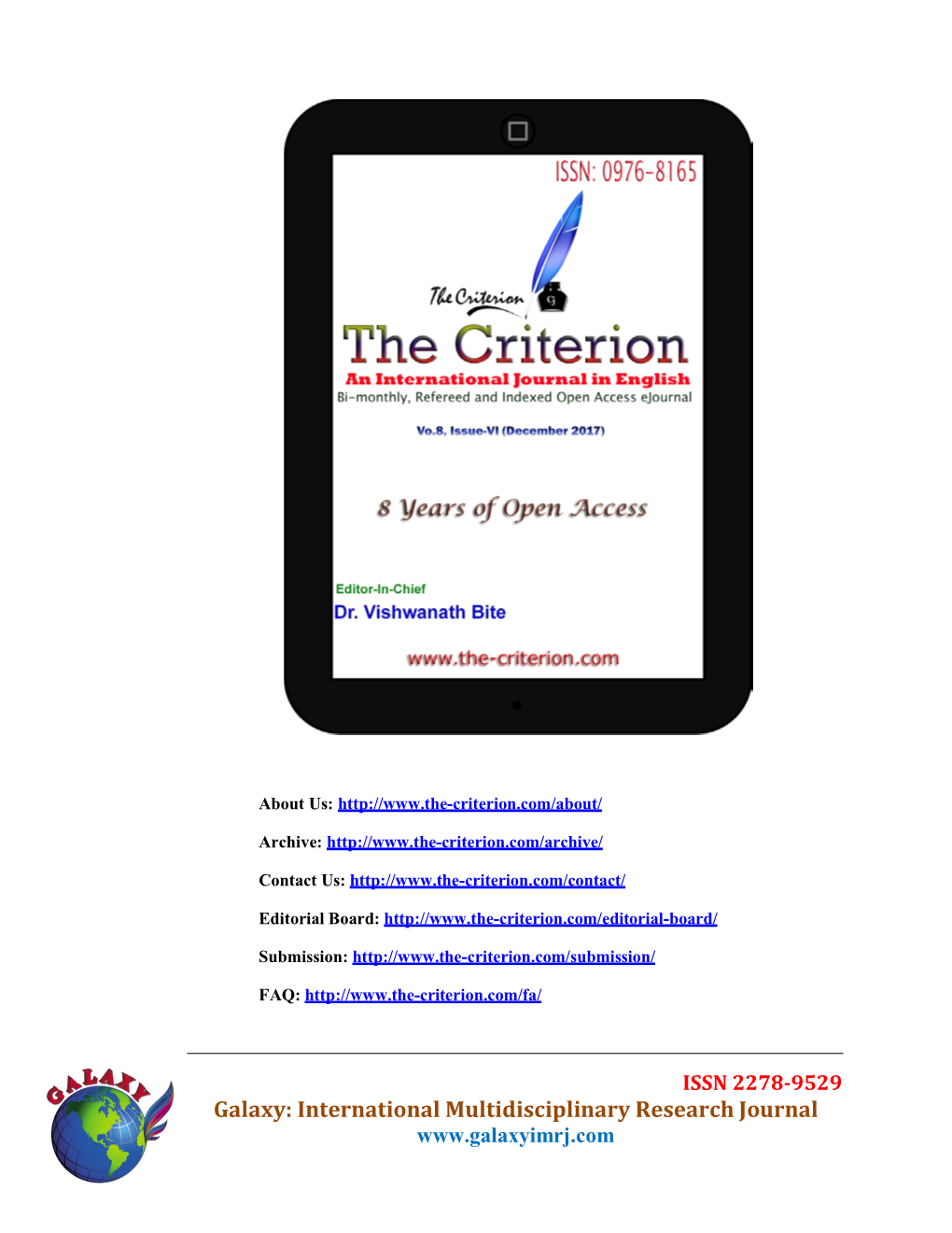 Galaxy: International Multidisciplinary Research Journal the Criterion: an International Journal in English Vol