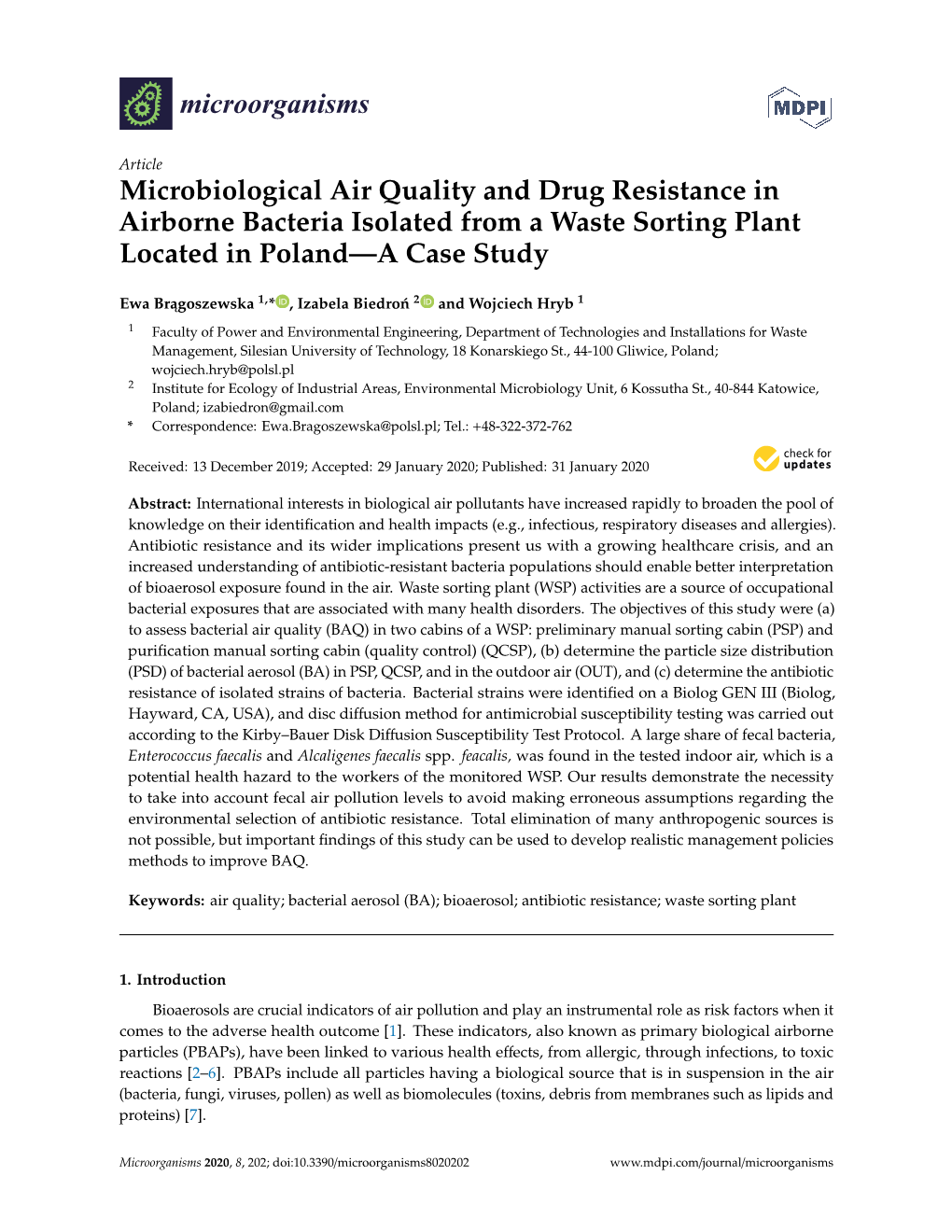 Microbiological Air Quality and Drug Resistance in Airborne Bacteria Isolated from a Waste Sorting Plant Located in Poland—A Case Study