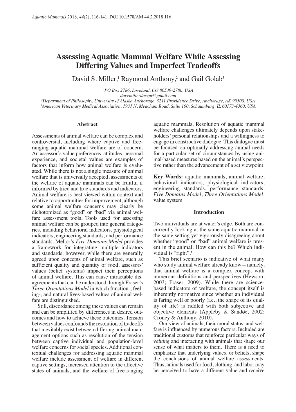 Assessing Aquatic Mammal Welfare While Assessing Differing Values and Imperfect Tradeoffs David S