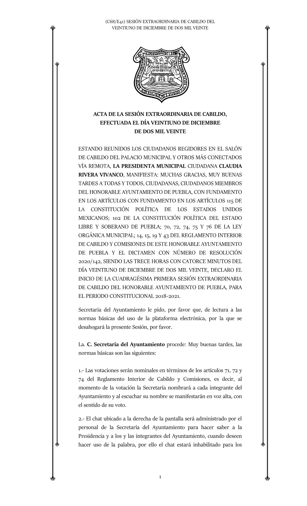 1 Acta De La Sesión Extraordinaria De Cabildo