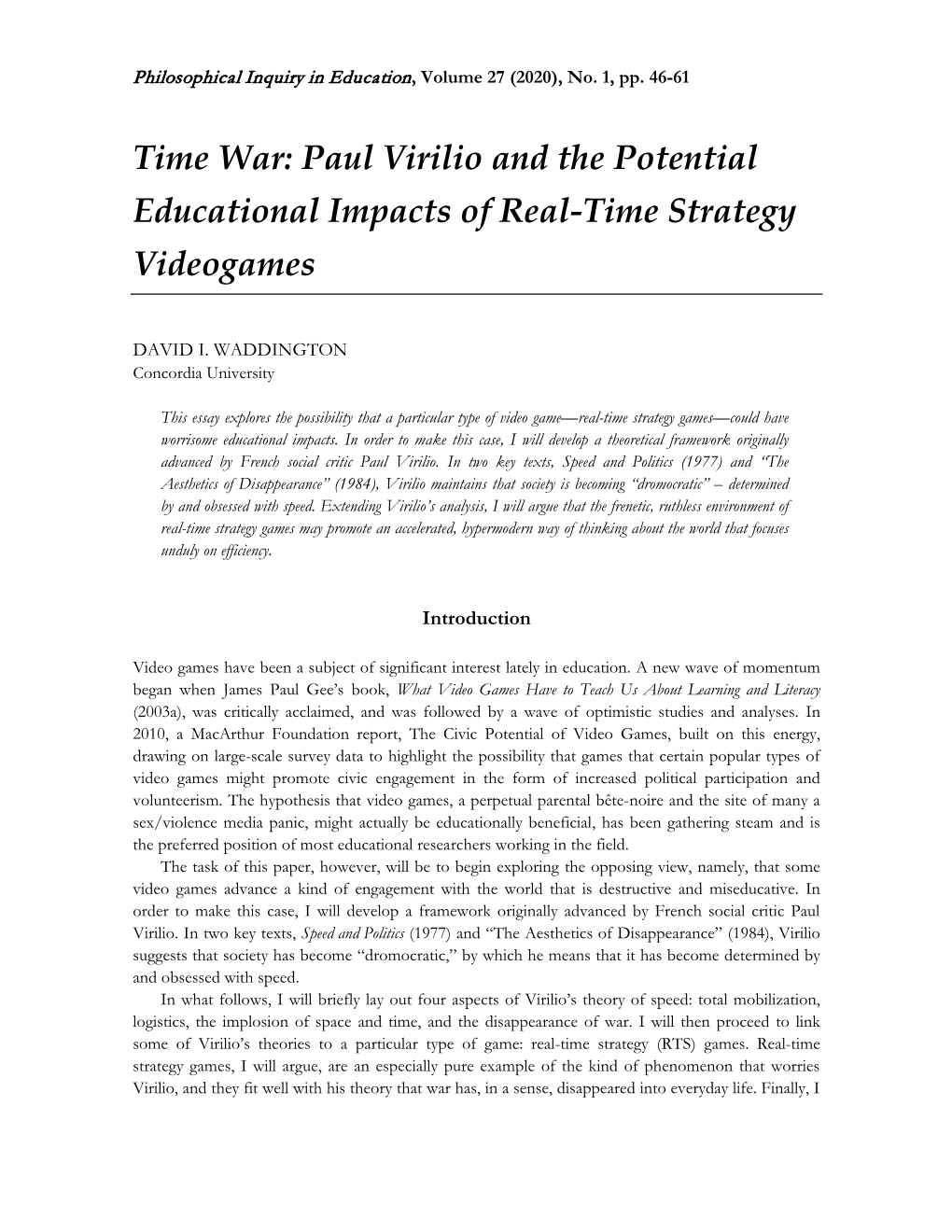 Time War: Paul Virilio and the Potential Educational Impacts of Real-Time Strategy Videogames