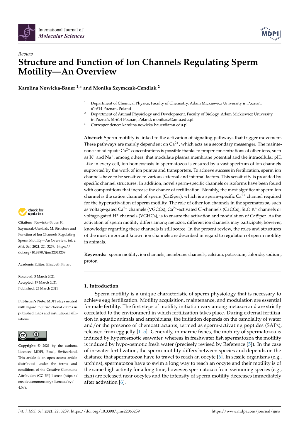 Structure and Function of Ion Channels Regulating Sperm Motility—An Overview