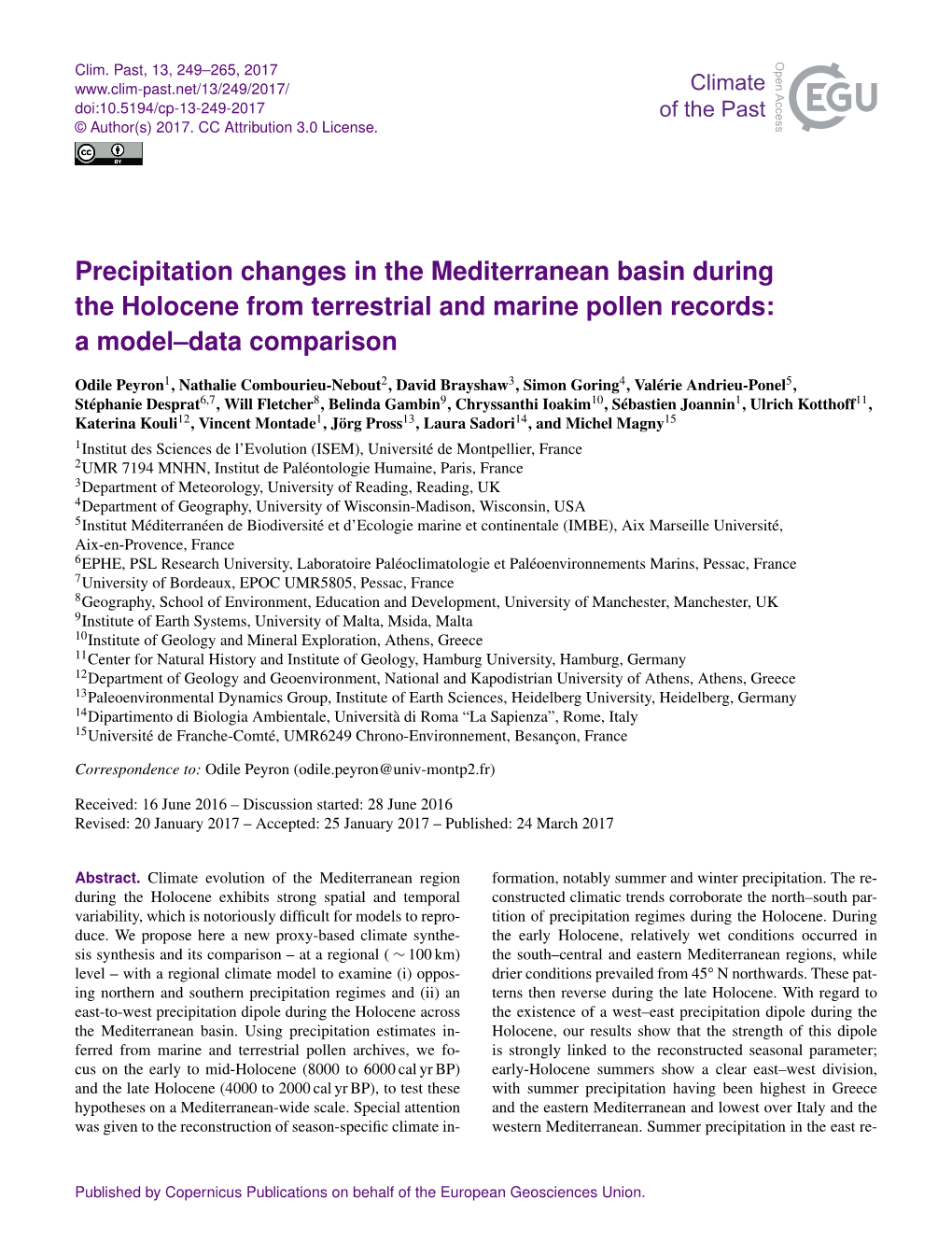 Precipitation Changes in the Mediterranean Basin During the Holocene from Terrestrial and Marine Pollen Records: a Model–Data Comparison