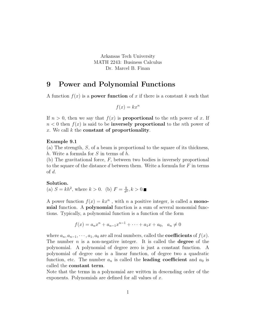 9 Power and Polynomial Functions