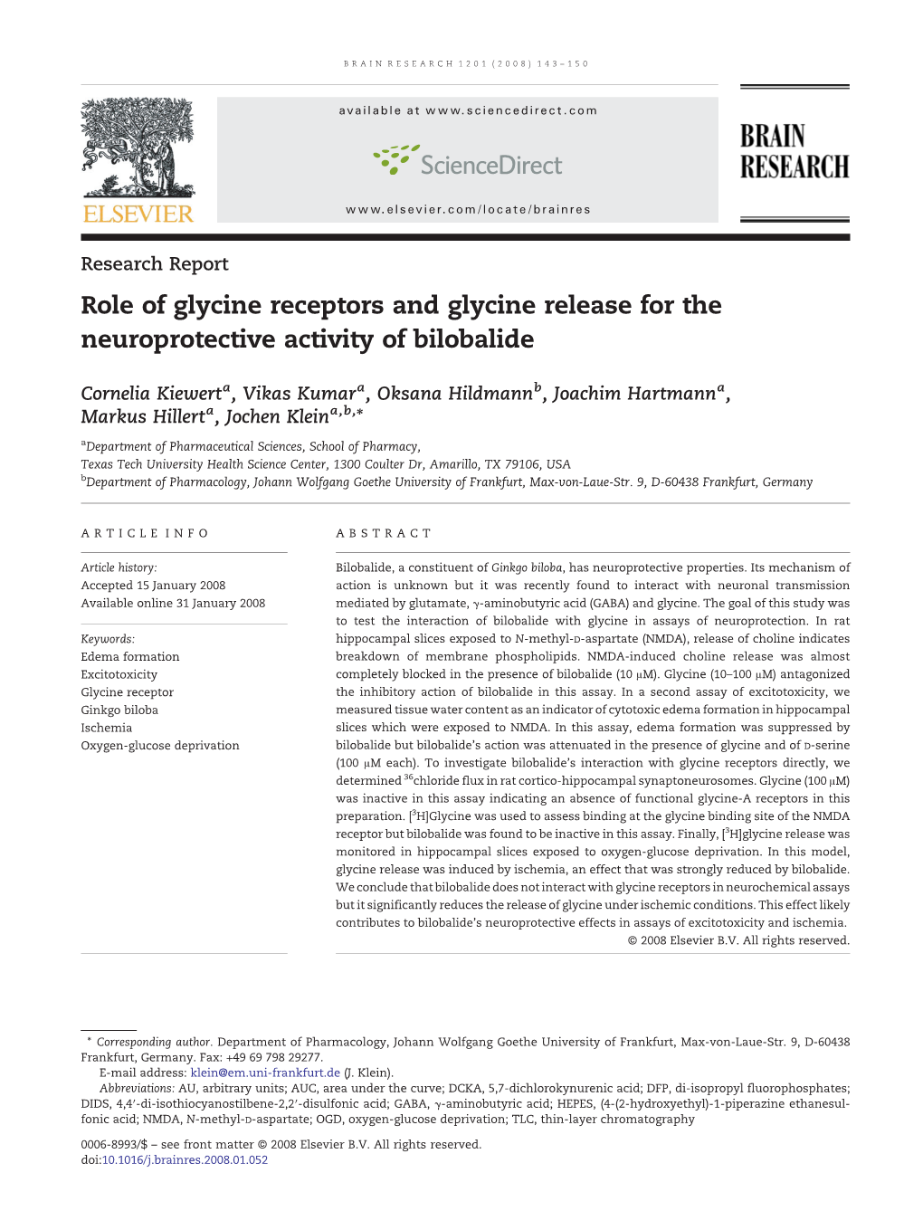 Role of Glycine Receptors and Glycine Release for the Neuroprotective Activity of Bilobalide