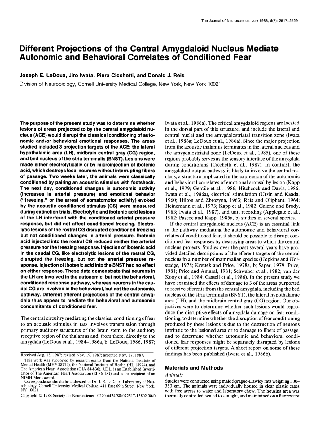 Different Projections of the Central Amygdaloid Nucleus Mediate Autonomic and Behavioral Correlates of Conditioned Fear