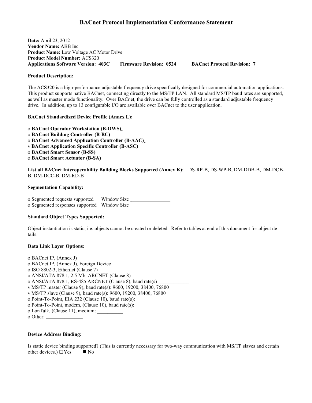 Bacnet Protocol Implementation Conformance Statement