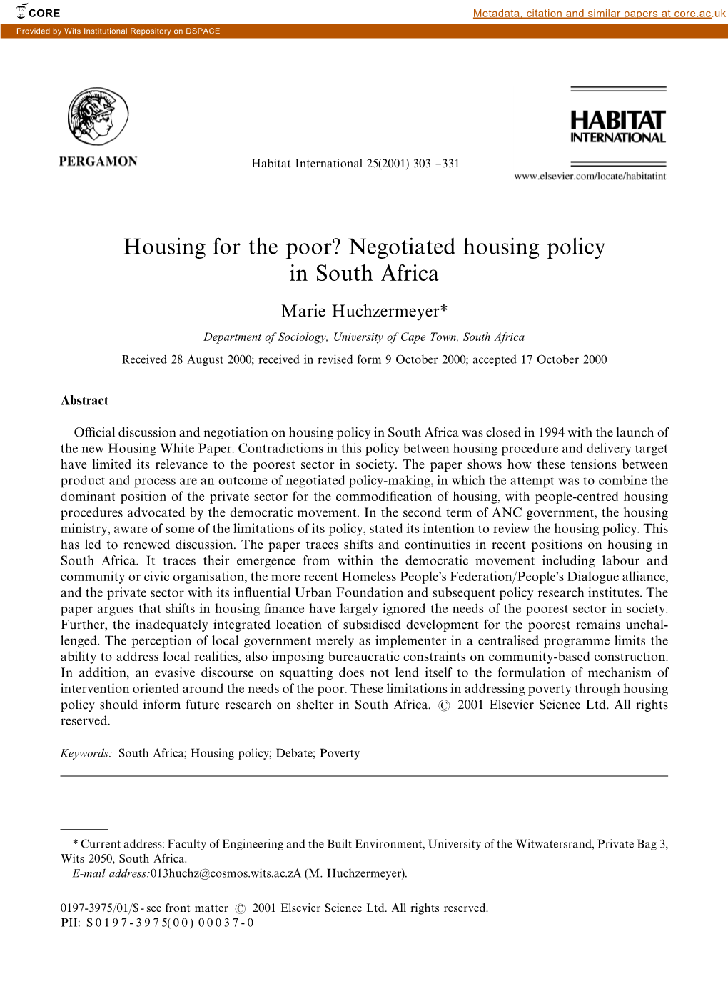 Negotiated Housing Policy in South Africa