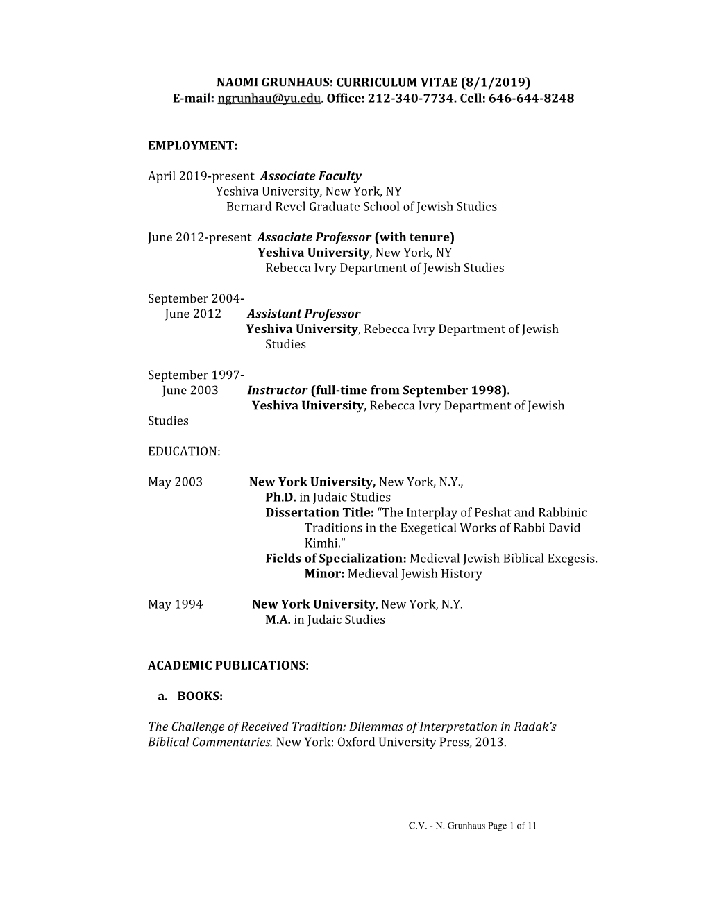 Naomi Grunhaus CV