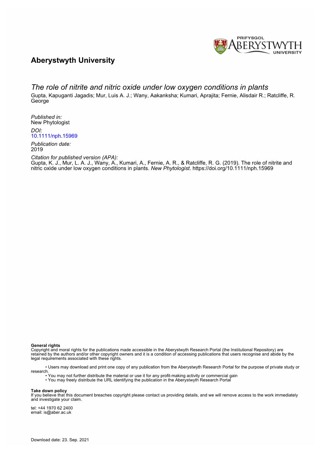 The Role of Nitrite and Nitric Oxide Under Low Oxygen Conditions in Plants Gupta, Kapuganti Jagadis; Mur, Luis A