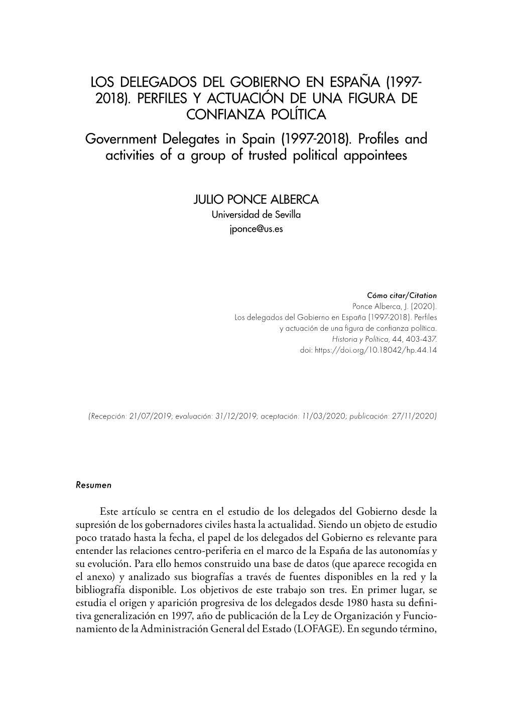 Los Delegados Del Gobierno En España (1997- 2018)