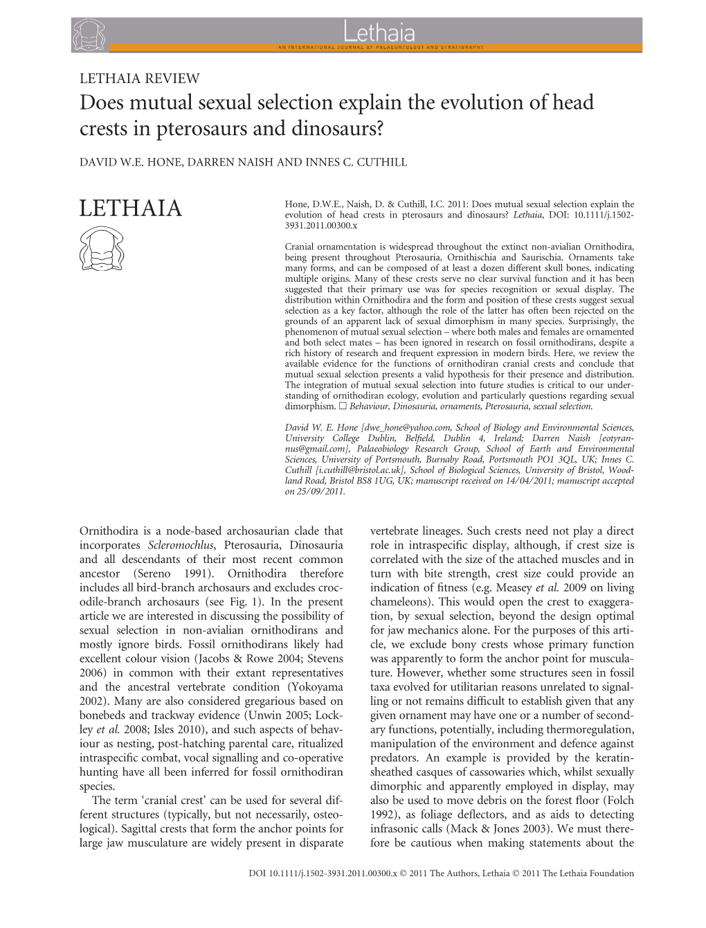 Does Mutual Sexual Selection Explain the Evolution of Head Crests in Pterosaurs and Dinosaurs?