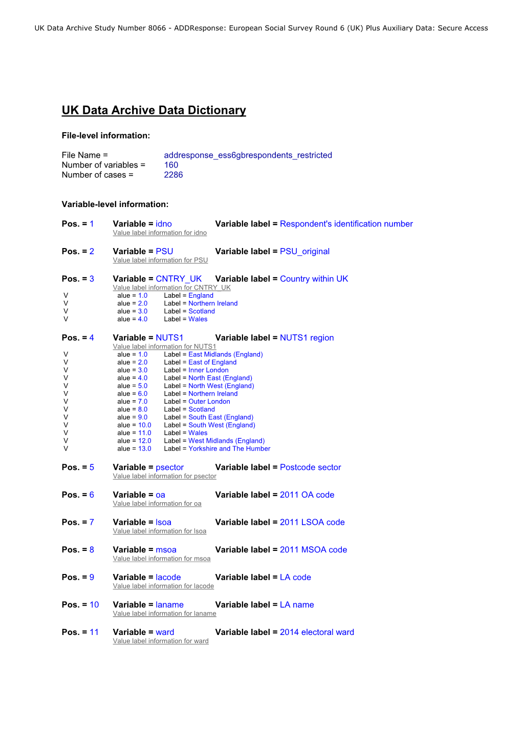 UK Data Archive Data Dictionaries