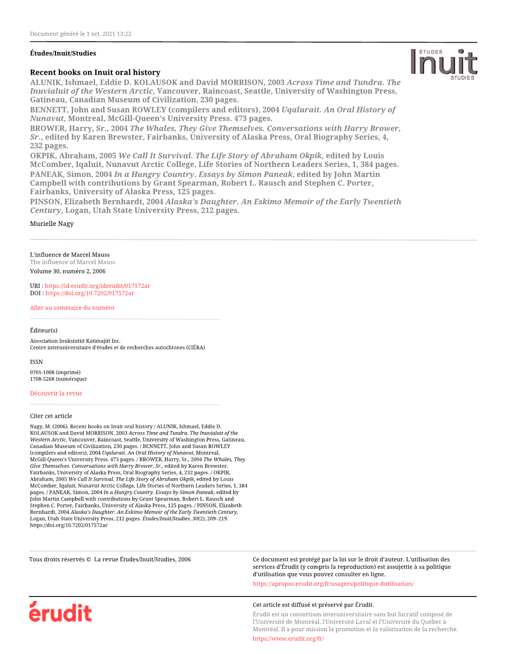 Recent Books on Inuit Oral History / ALUNIK, Ishmael, Eddie D. KOLAUSOK and David MORRISON, 2003 Across Time and Tundra. The