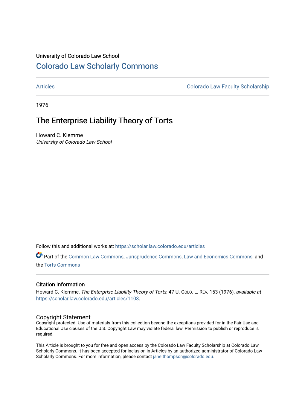 The Enterprise Liability Theory of Torts