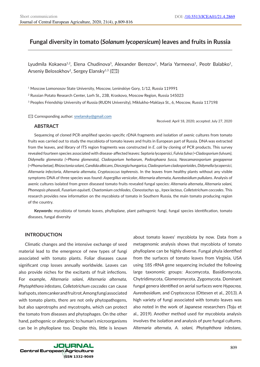 Fungal Diversity in Tomato (Solanum Lycopersicum) Leaves and Fruits in Russia