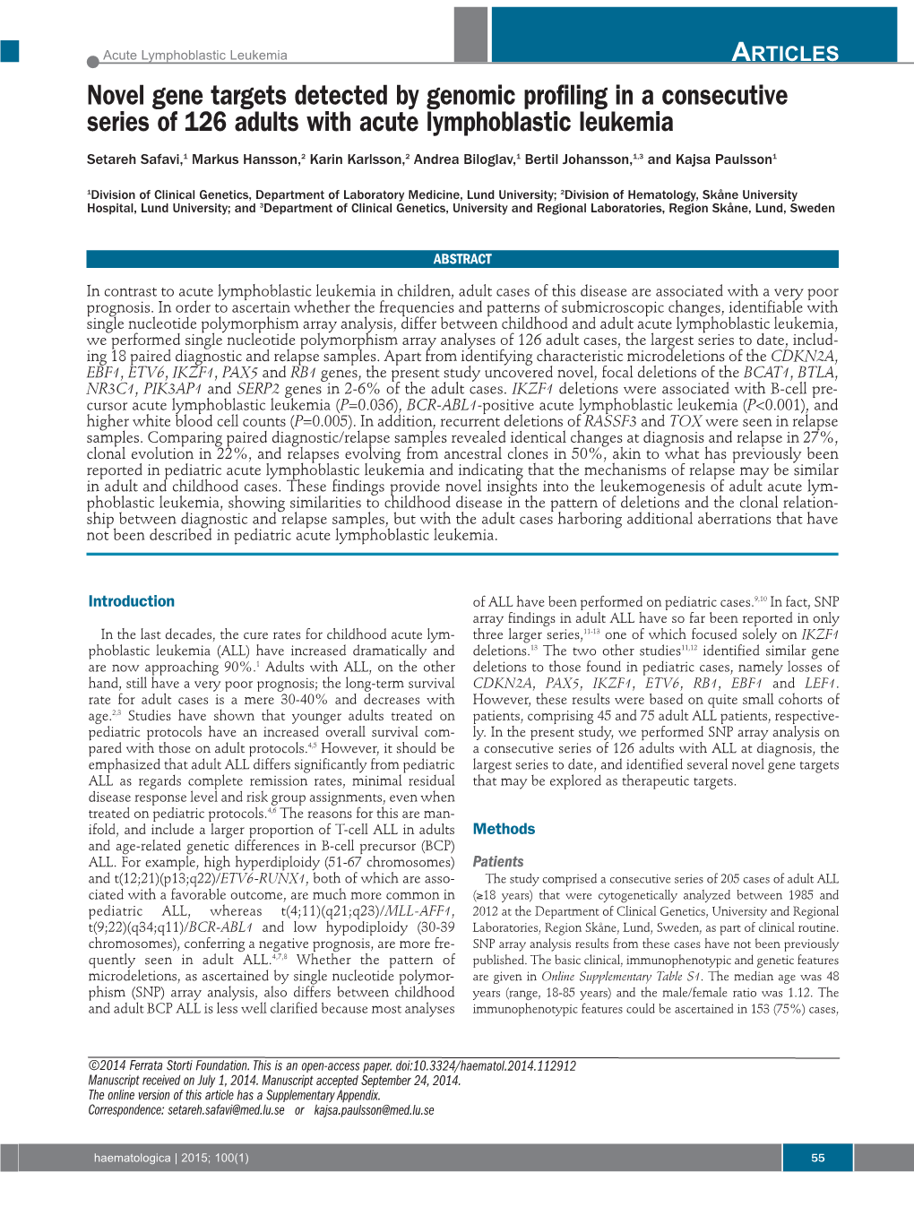 Novel Gene Targets Detected by Genomic Profiling in a Consecutive Series of 126 Adults with Acute Lymphoblastic Leukemia