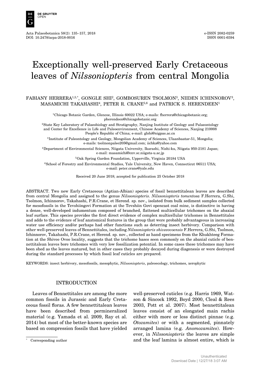 Exceptionally Well-Preserved Early Cretaceous Leaves of Nilssoniopteris from Central Mongolia