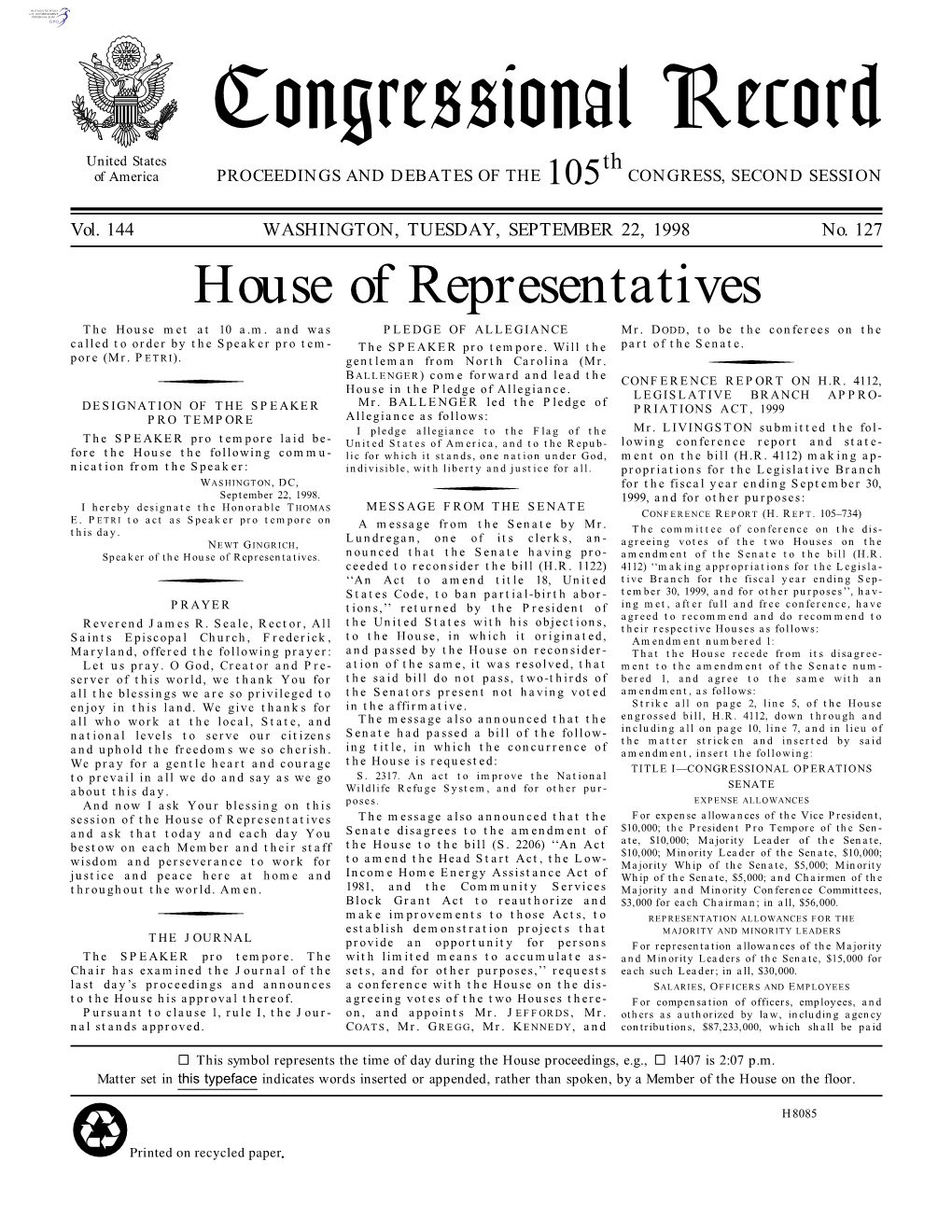 Congressional Record United States Th of America PROCEEDINGS and DEBATES of the 105 CONGRESS, SECOND SESSION