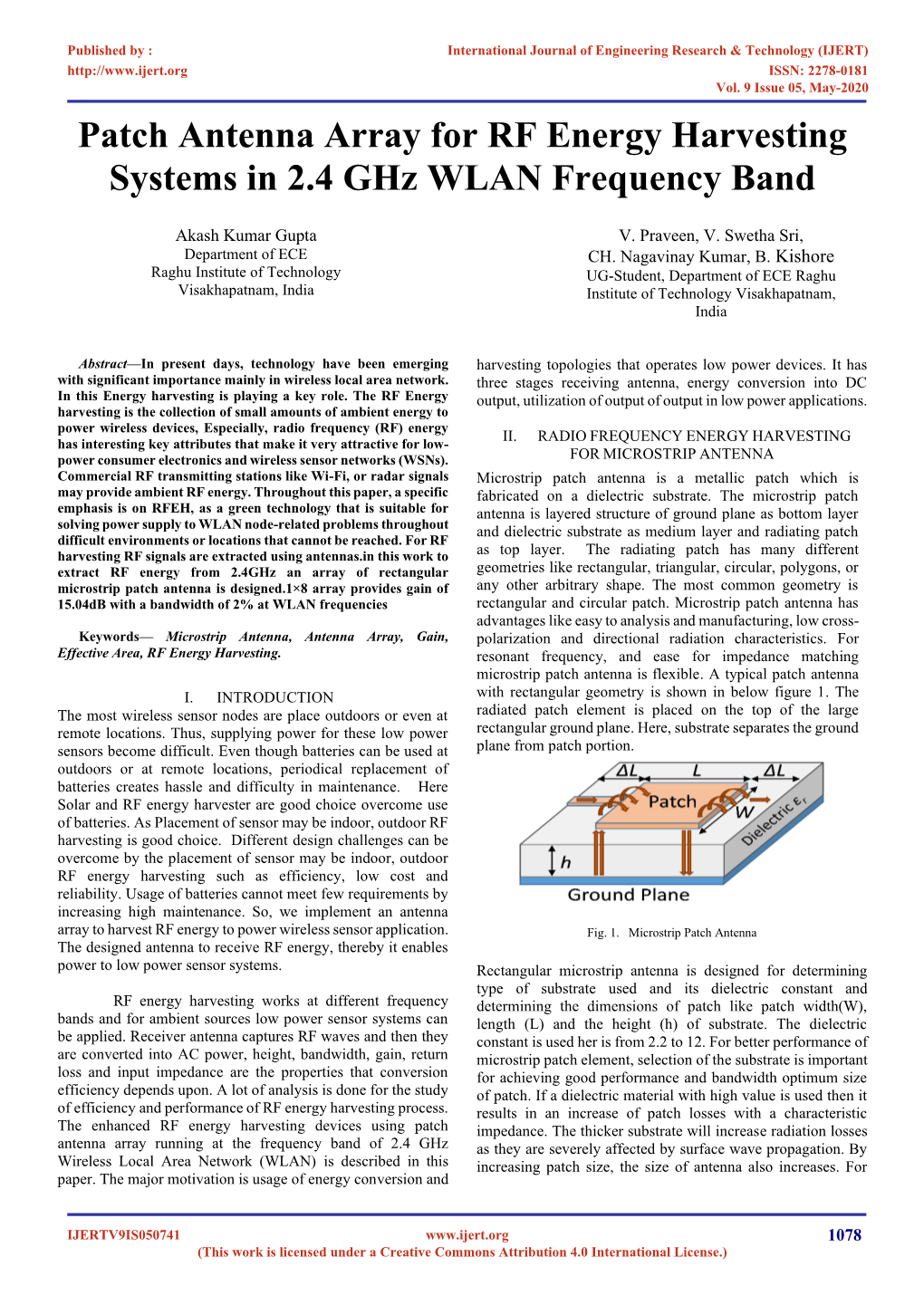 Patch Antenna Array for RF Energy Harvesting Systems in 2.4 Ghz WLAN Frequency Band