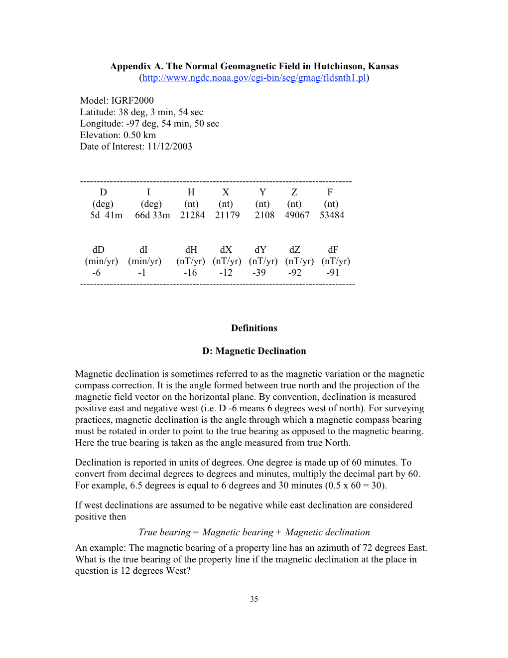 Appendix A. the Normal Geomagnetic Field in Hutchinson, Kansas (
