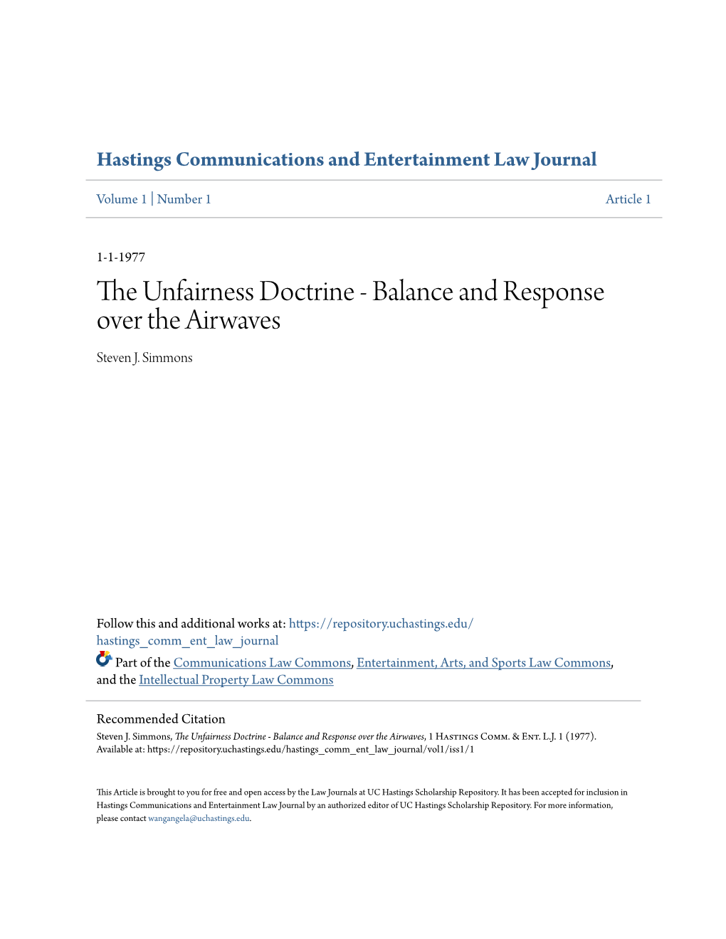 The Unfairness Doctrine - Balance and Response Over the Airwaves, 1 Hastings Comm